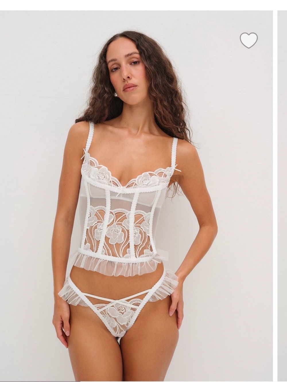For Love And Lemons Ivory Sheer Floral Embroidered Bustier & Ruffle Thong